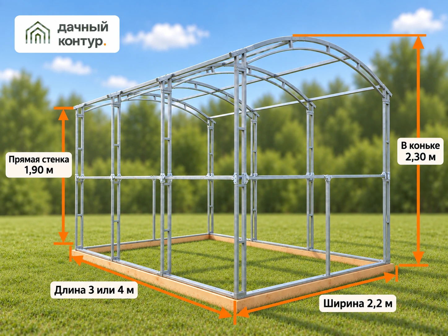 Прямостенная беседка — глубина 2,2 м, длина 3 или 4 м; высота прямой стенки 1,8 м, общая высота 2,3 м