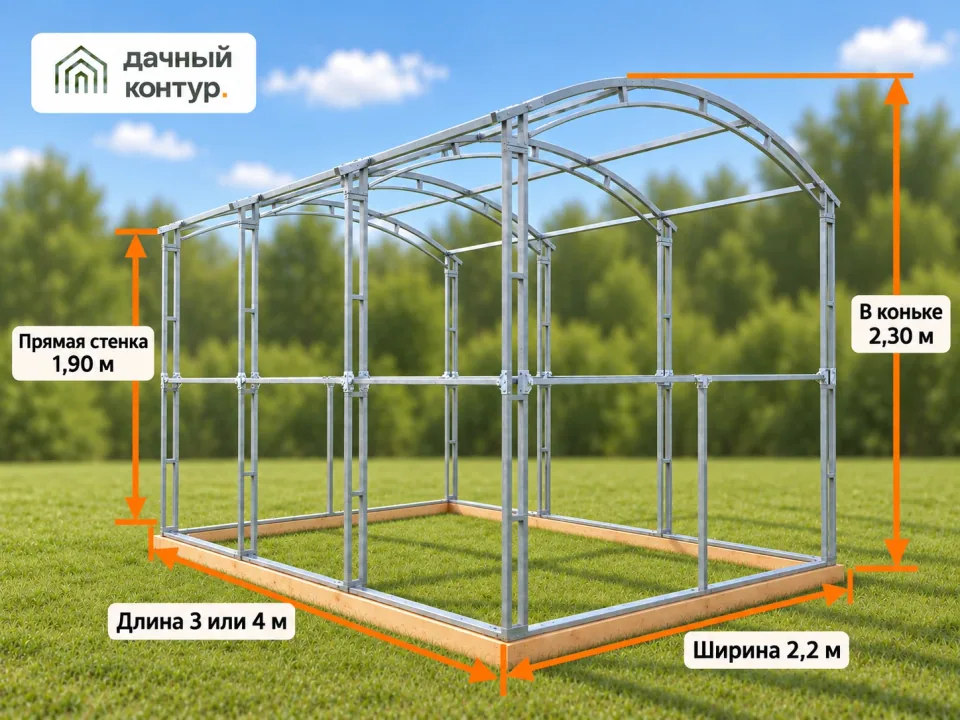 Прямостенная беседка — глубина 2,2 м, длина 3 или 4 м; высота прямой стенки 1,8 м, общая высота 2,3 м